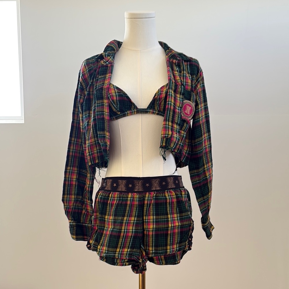 Savage X Fenty 3-Piece Plaid Lounge Set – Cropped Shirt, Bralette & Shorts